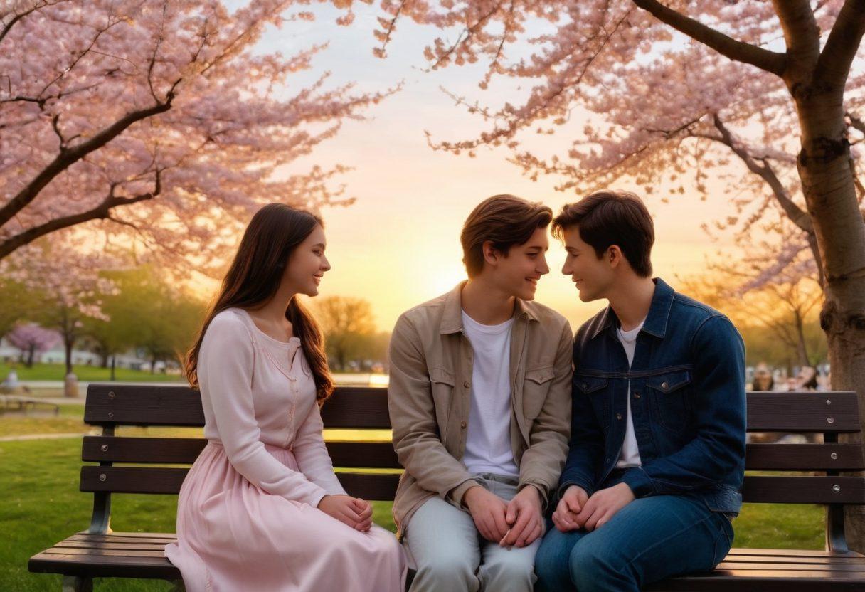 A tender scene of two young teenagers sitting on a park bench, sharing a meaningful conversation with soft smiles. In the background, cherry blossom trees gently sway in the breeze, symbolizing the beauty of young love. A warm, golden sunset casts a romantic glow, and a tiny heart-shaped cloud floats above them. The overall atmosphere should evoke feelings of compassion, connection, and hope. super-realistic. vibrant colors. warm tones.
