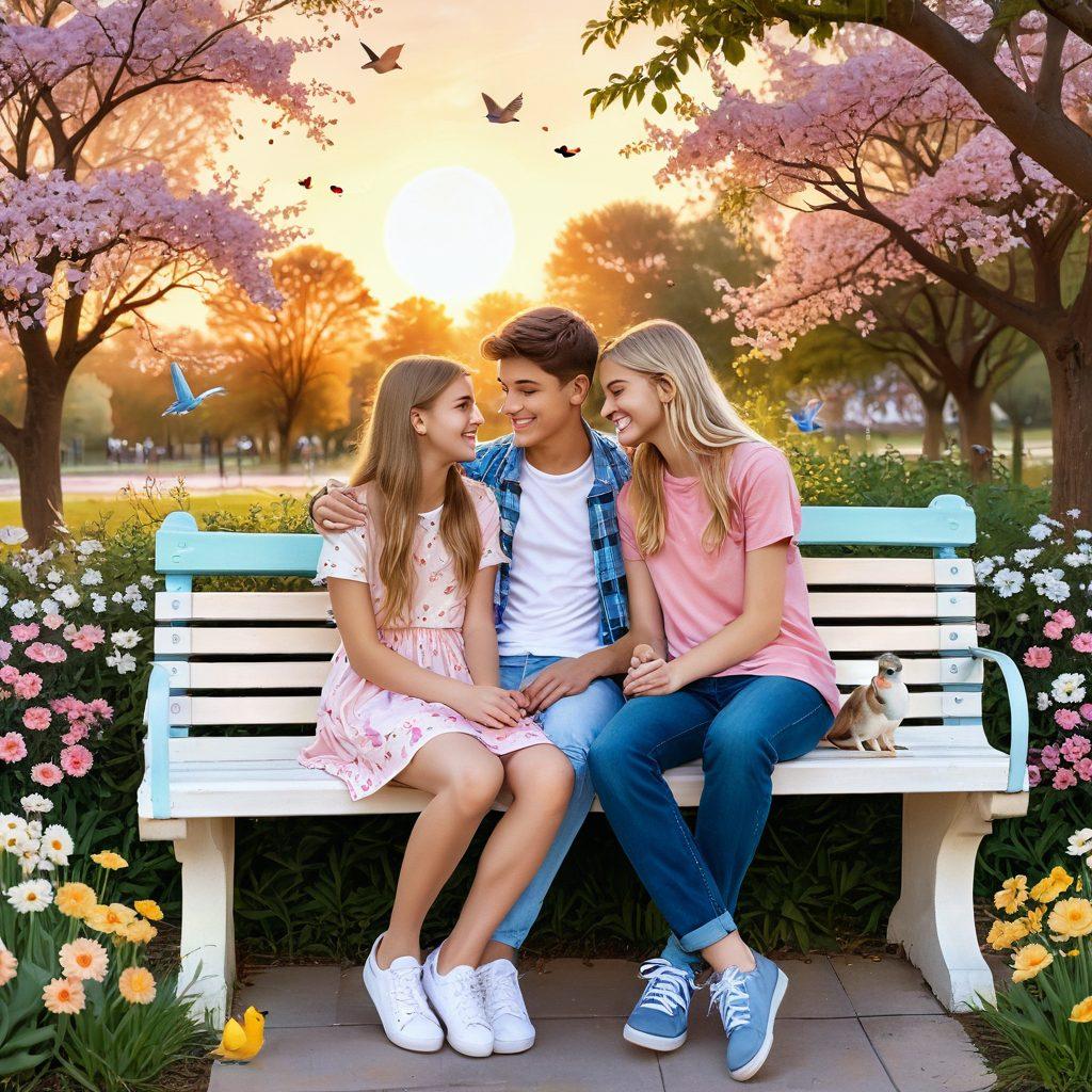 A whimsical illustration of two teenagers on a park bench, sharing a heartfelt moment, surrounded by blooming flowers and soft pastel colors. Include elements like hearts floating in the air, playful animals nearby, and a sunset in the background to evoke a sense of young love and innocence. The scene should be warm and inviting, capturing the essence of teen romance. cute illustration. pastel colors. dreamy background.
