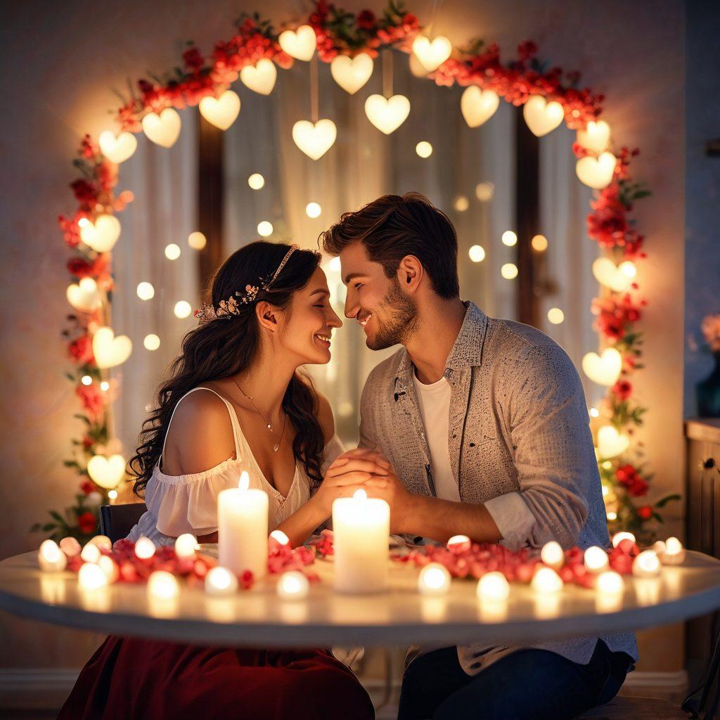 A romantic scene showcasing a young couple in a cozy, softly lit setting, surrounded by heart-shaped decorations and fresh flowers. They are engaged in a heartfelt conversation, with warm smiles and intimate gestures, reflecting tenderness and joy. Nearby, a table is elegantly set for two, adorned with delicate candles and a small bouquet, symbolizing love and connection. The background should be a dreamy bokeh effect to enhance the romantic atmosphere. vibrant colors. soft lighting. 3D.